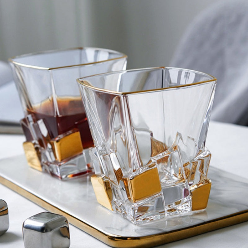 BOHEMIA Hand-Painted Gold Crackle Glass Whisky Glass & Decanter Set