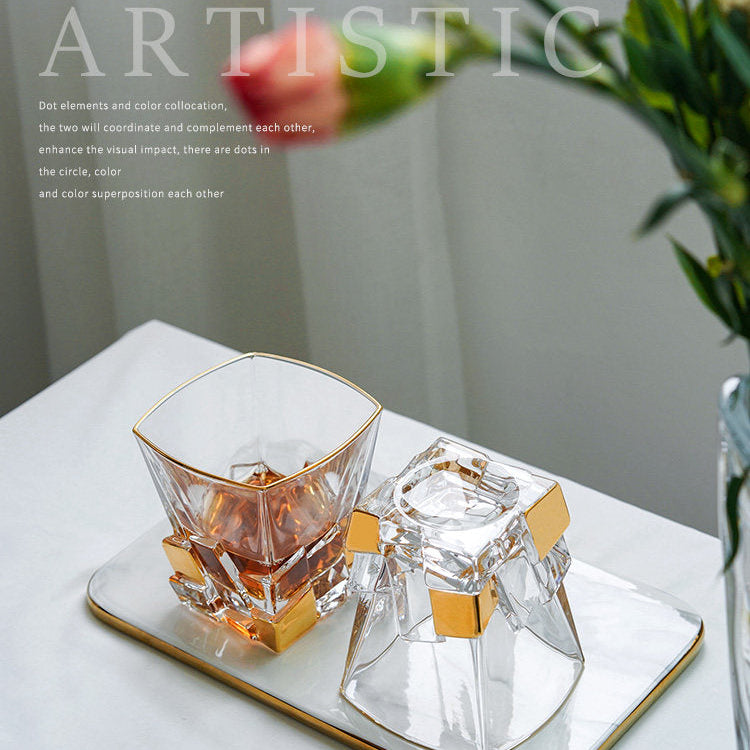 BOHEMIA Hand-Painted Gold Crackle Glass Whisky Glass & Decanter Set