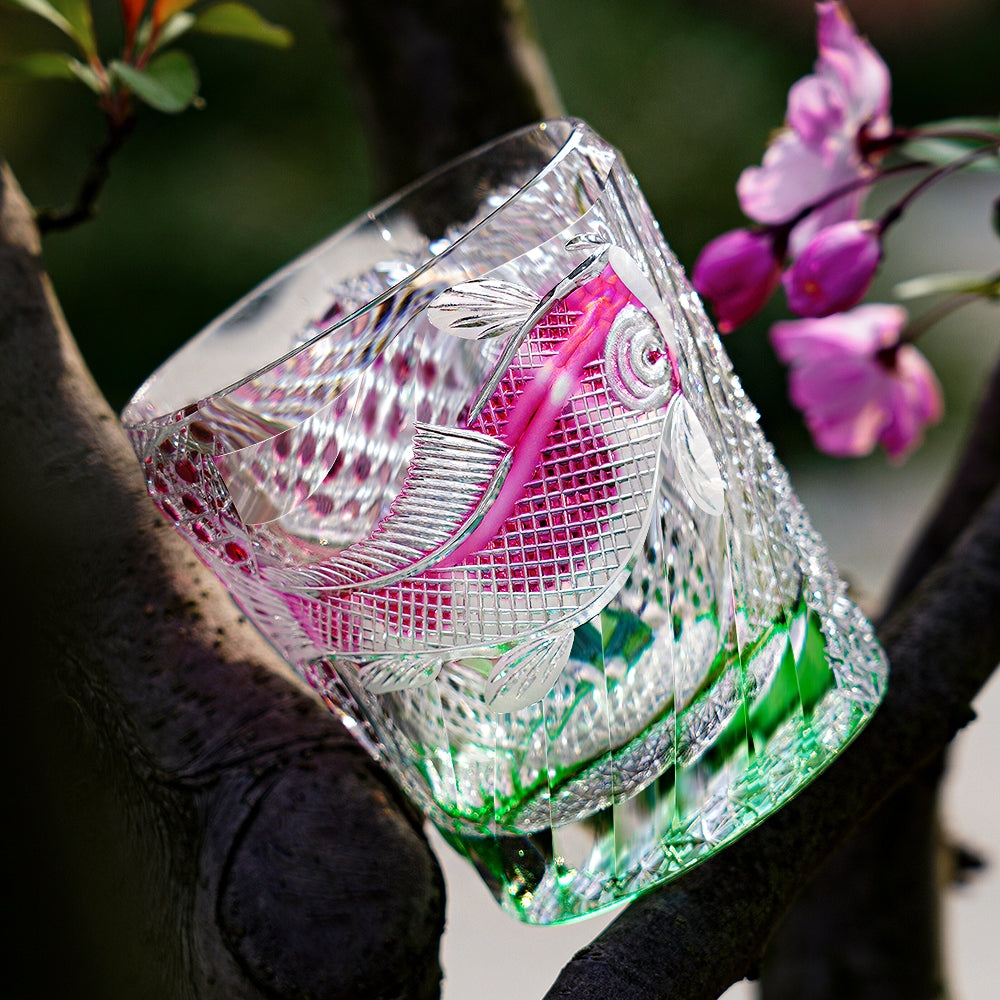 Edo Kiriko Handcrafted Kingyo Nishiki Whisky Glass With Wooden Box