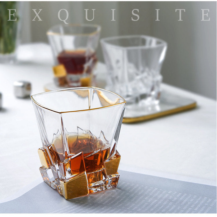 BOHEMIA Hand-Painted Gold Crackle Glass Whisky Glass & Decanter Set