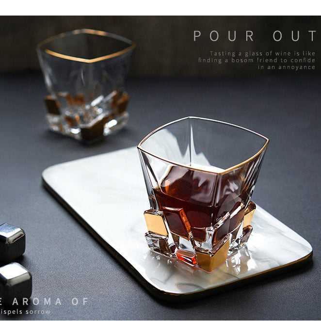 BOHEMIA Hand-Painted Gold Crackle Glass Whisky Glass & Decanter Set