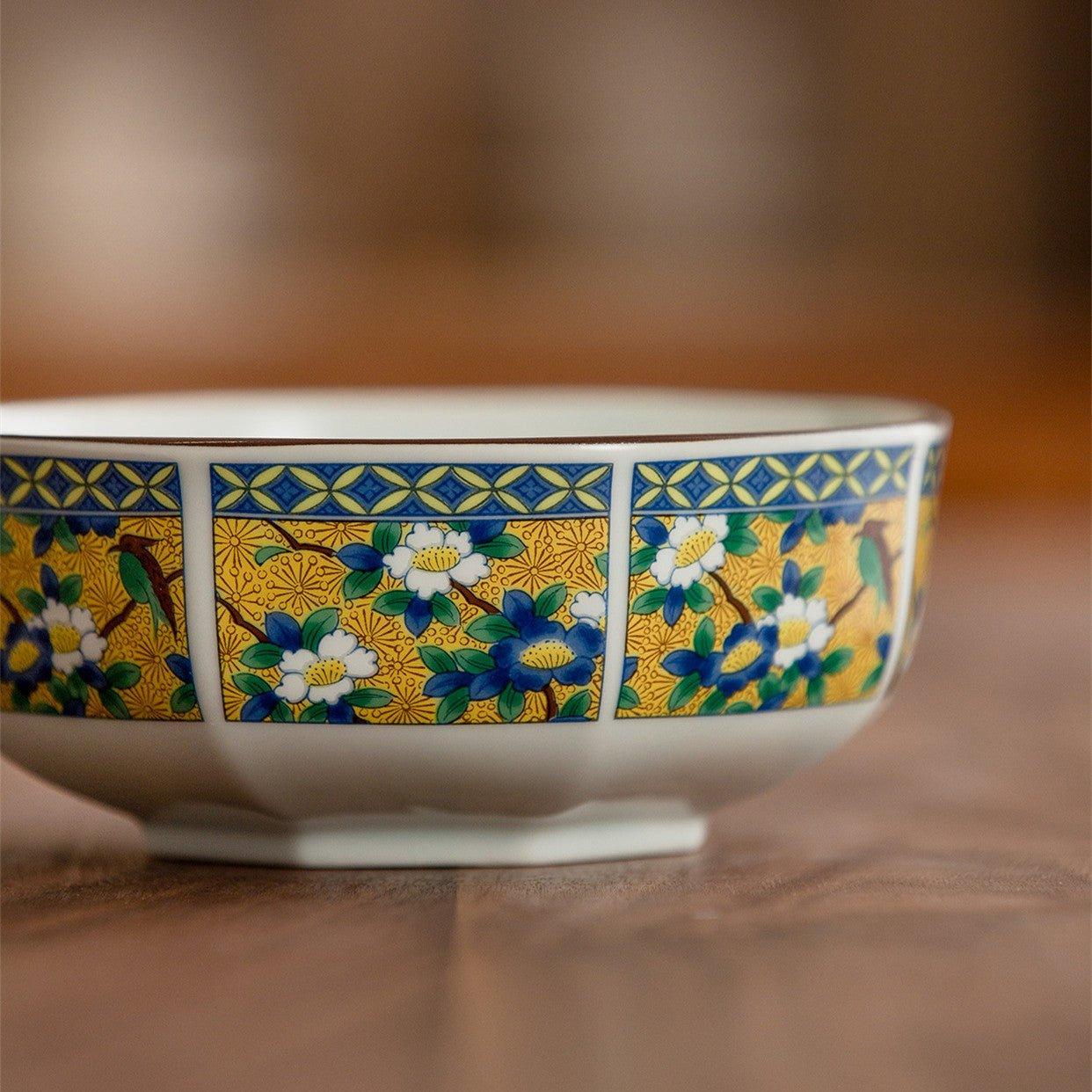 Japanese Mino Ware Court Dyed Brocade Octagonal Bowls Set