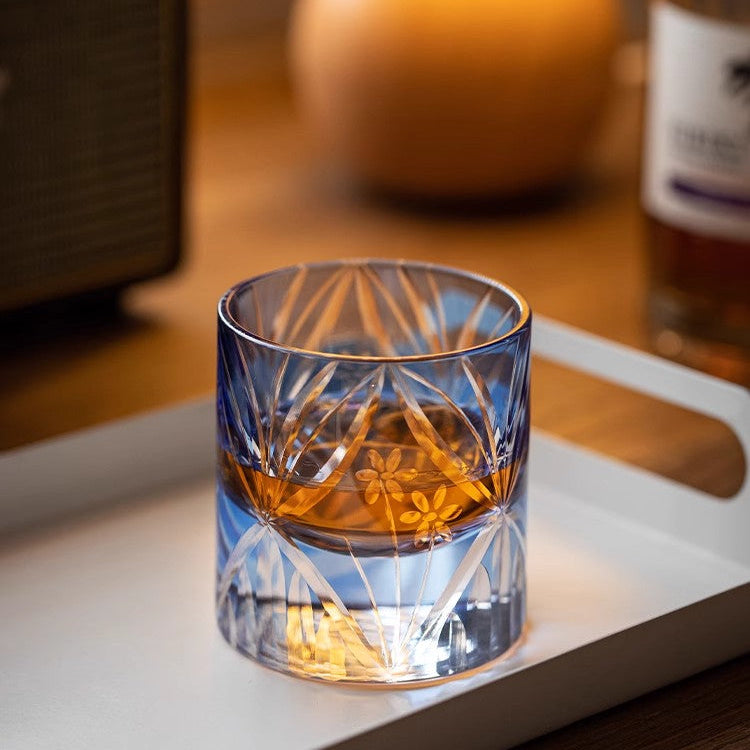 Bule Flowers Edo Kiriko Whiskey Glass