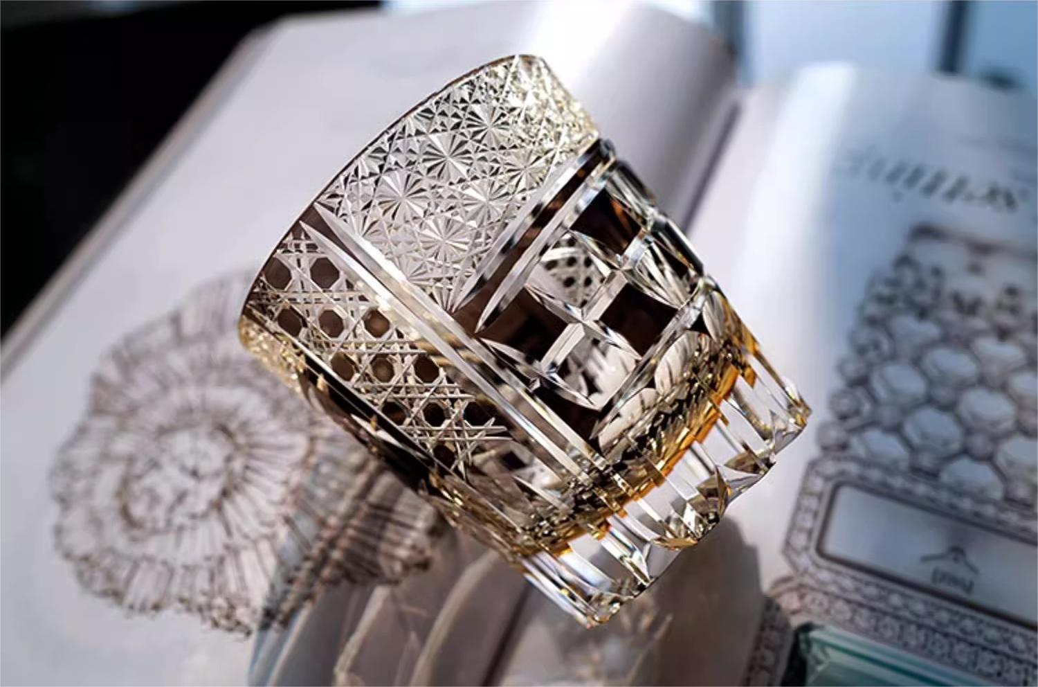 Edo Kiriko Hand-carved Sapphire Motif Whiskey Glass