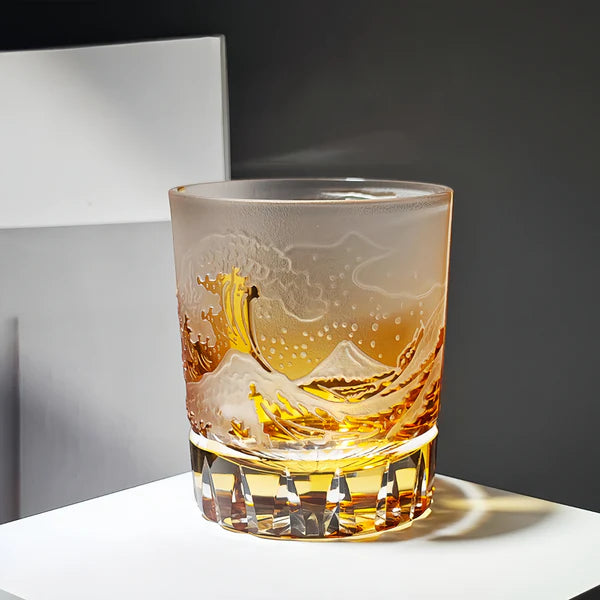 Edo Kiriko Handcrafted Fuji Wave Whiskey Glass Collection With Wooden Box