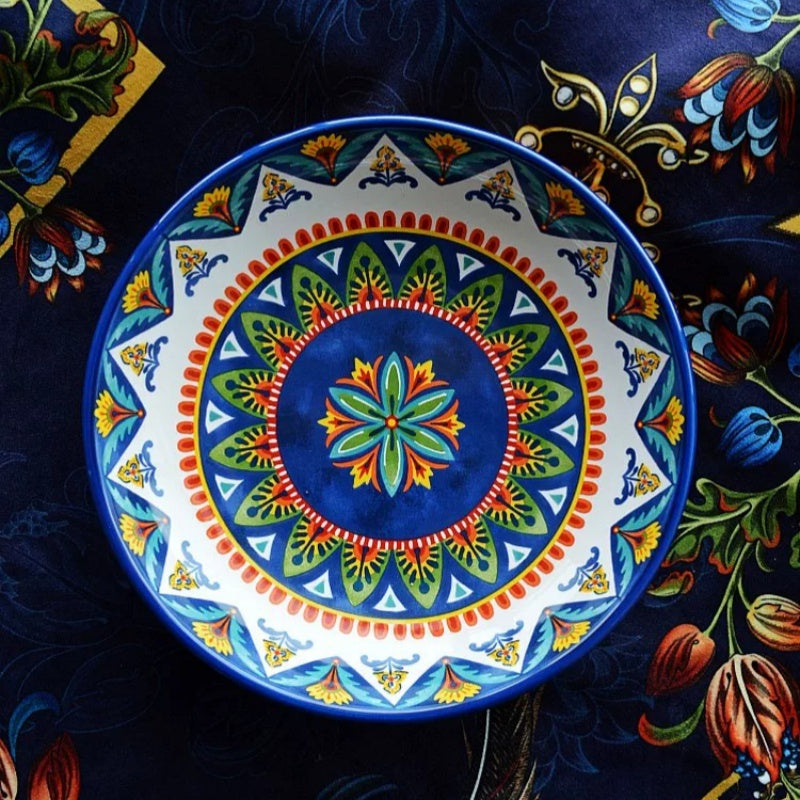 Bohemian Enamel Deep Plate - Underglaze Ceramic Salad & Dinner Plate