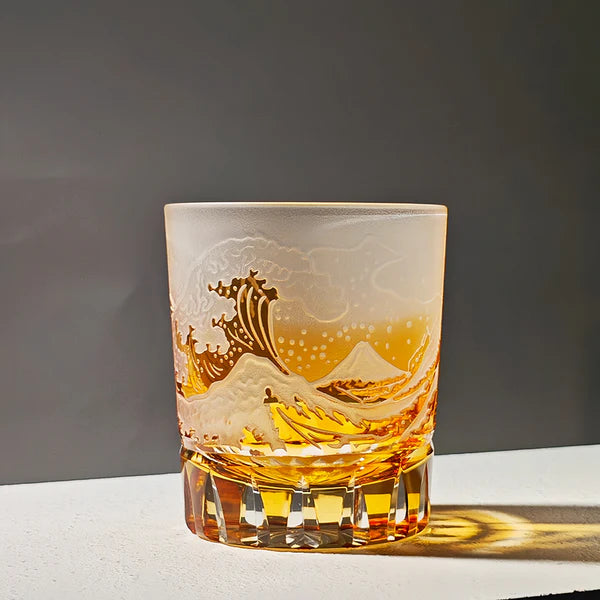 Edo Kiriko Handcrafted Fuji Wave Whiskey Glass Collection With Wooden Box