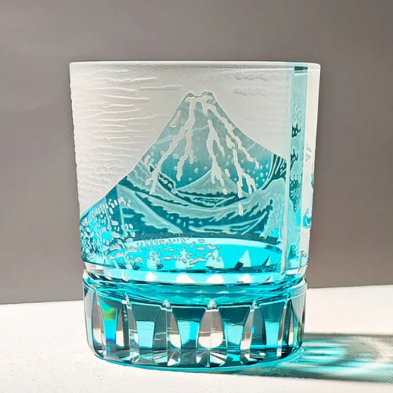 Edo Kiriko Handcrafted Fuji Wave Whiskey Glass Collection With Wooden Box