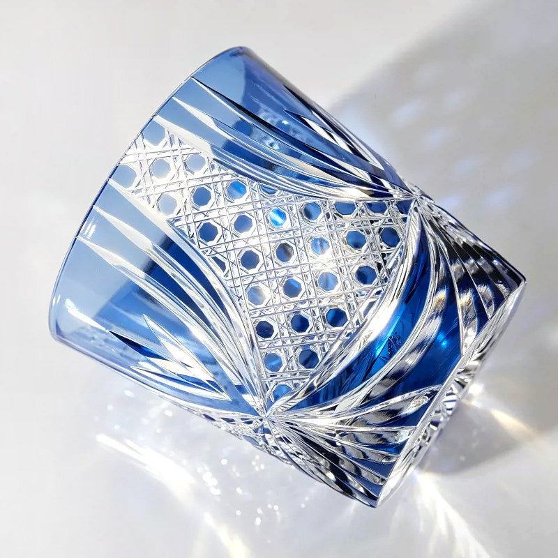 Edo Kiriko Master Blue Crystal Whiskey Glass — Hand-Cold Cut Tumbler
