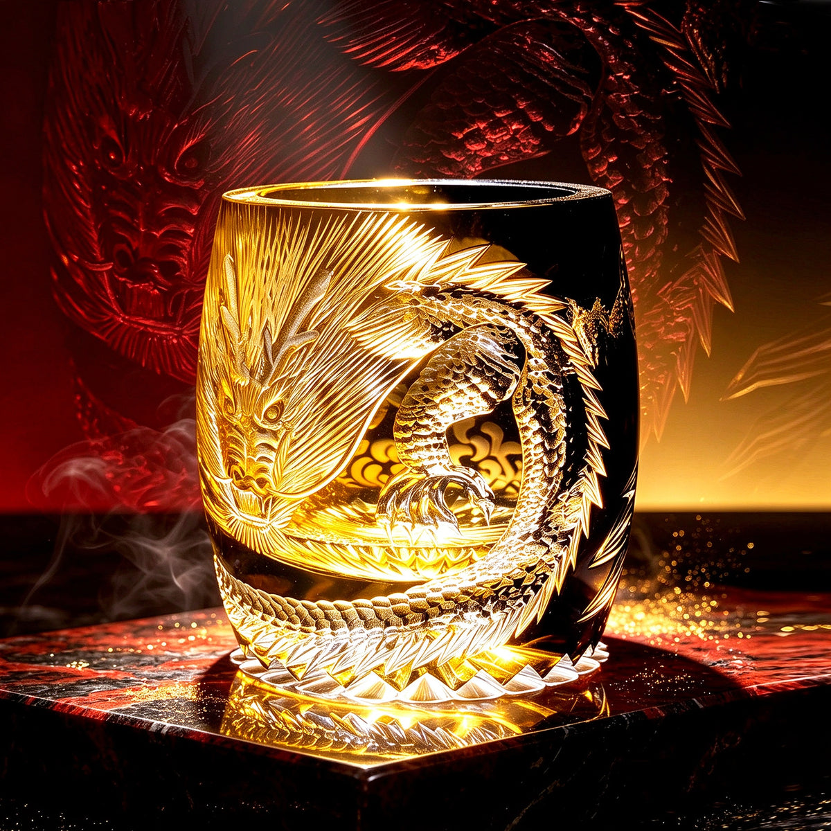 Edo Kiriko Handcrafted Dragon Whiskey Glass - Blue Crystal Tumbler