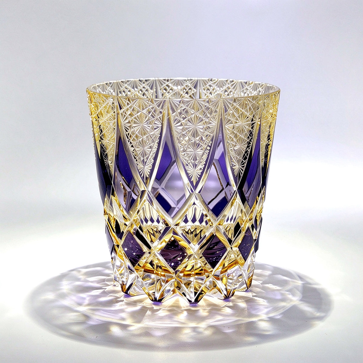 Edo Kiriko Purple Gold Diamond Rocks Glass — Hand-Cut Crystal Whiskey Tumbler