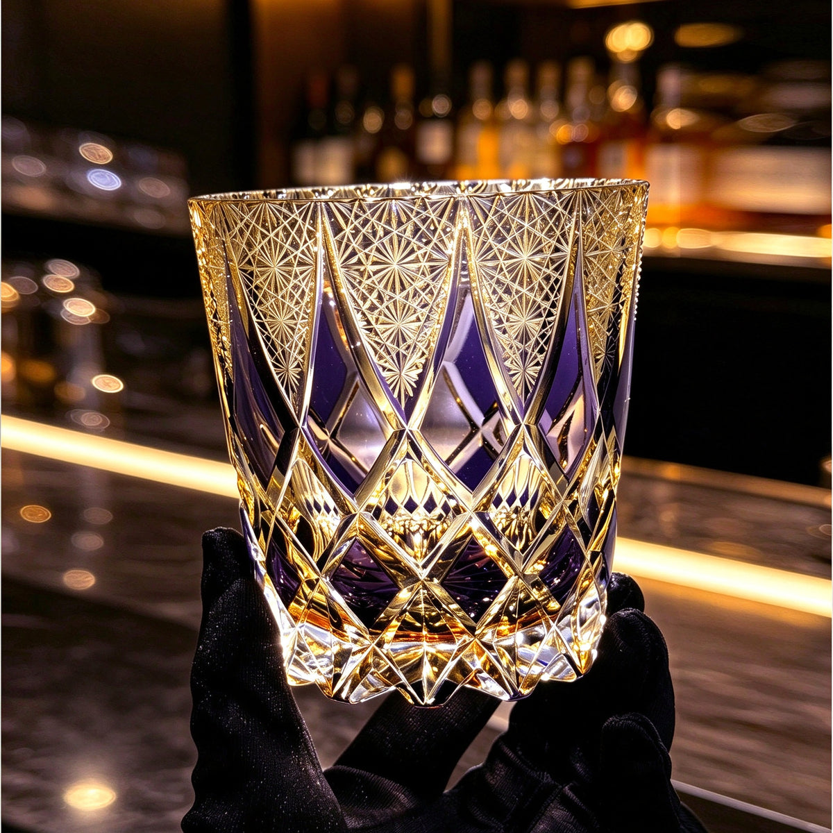 Edo Kiriko Purple Gold Diamond Rocks Glass — Hand-Cut Crystal Whiskey Tumbler