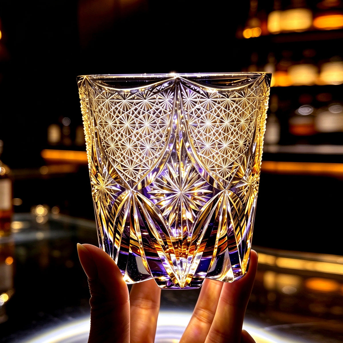 Edo Kiriko Purple Aura Rocks Glass — Hand-Cut Crystal Whiskey Tumbler