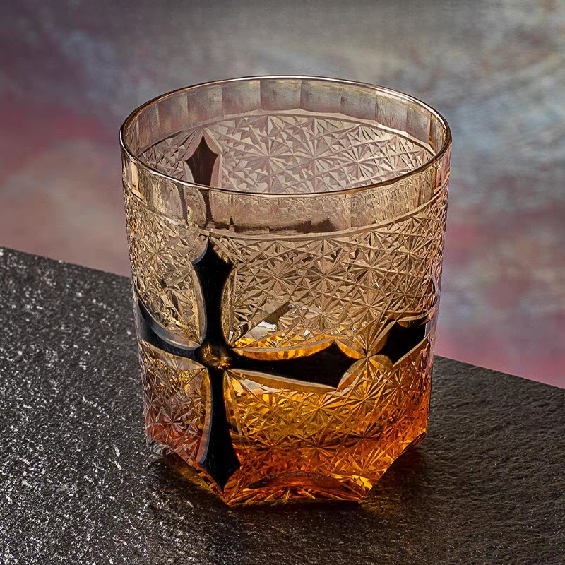 Edo Kiriko Handcrafted Amber Cross Heart Whiskey Glass - Japanese GoGlassCup