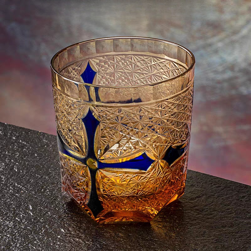 Edo Kiriko Handcrafted Amber Cross Heart Whiskey Glass - Japanese GoGlassCup