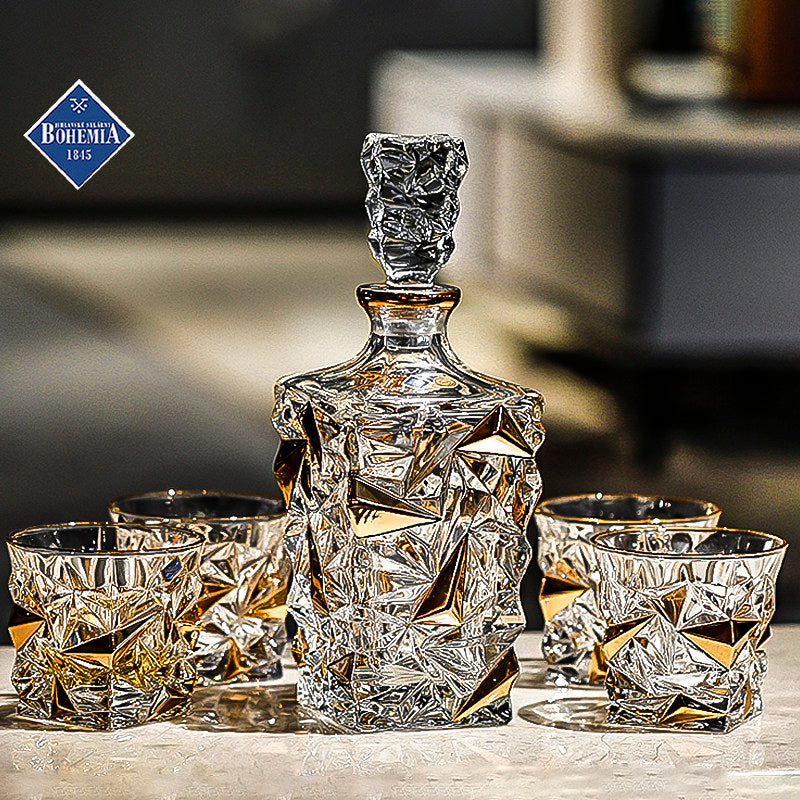 Bohemia Gold-Accented Crystal Whisky Decanter Set