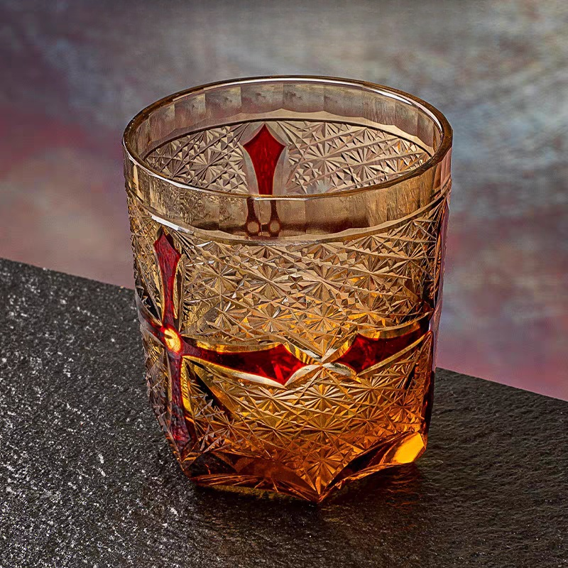 Edo Kiriko Handcrafted Amber Cross Heart Whiskey Glass - Japanese GoGlassCup