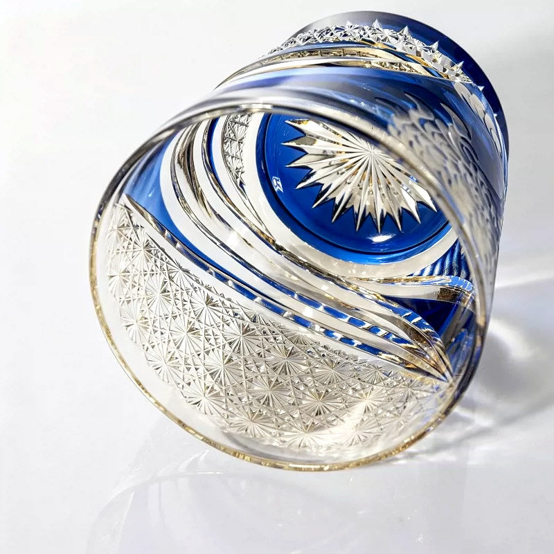 Edo Kiriko Blue Wave Whiskey Glass — Hand-Carved Kanagawa Motif Tumbler