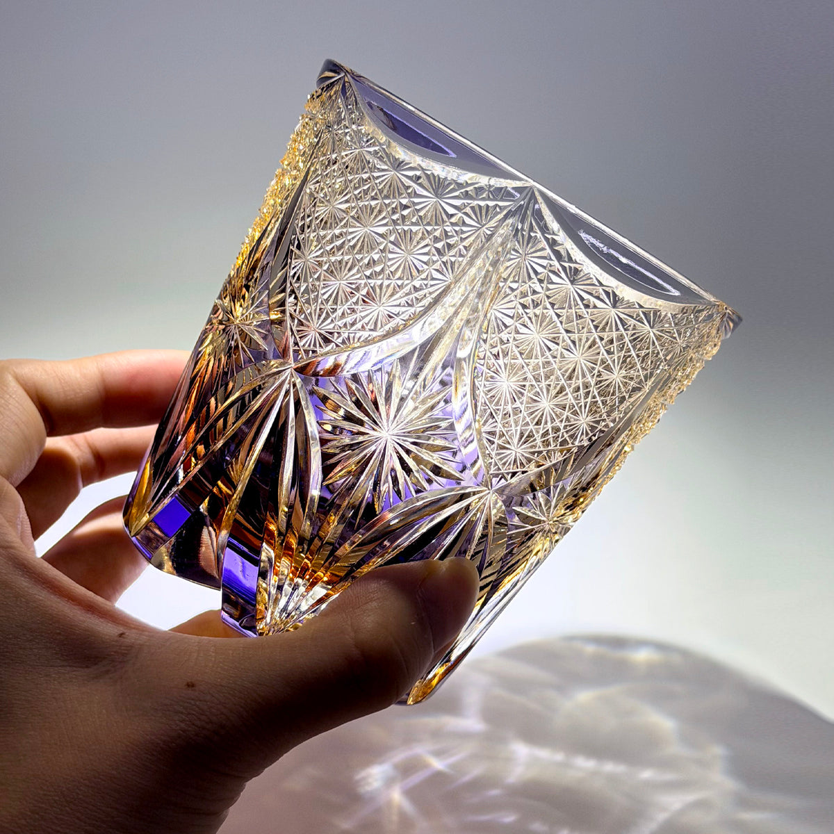 Edo Kiriko Purple Aura Rocks Glass — Hand-Cut Crystal Whiskey Tumbler