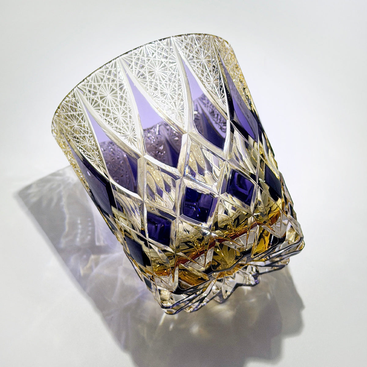 Edo Kiriko Purple Gold Diamond Rocks Glass — Hand-Cut Crystal Whiskey Tumbler