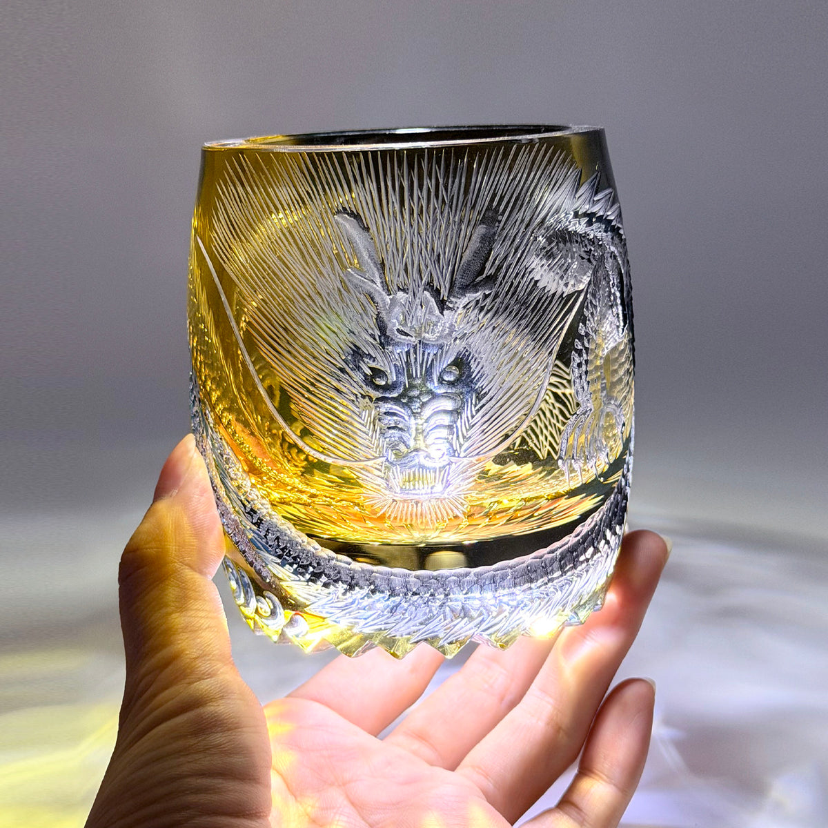 Edo Kiriko Handcrafted Dragon Whiskey Glass - Blue Crystal Tumbler