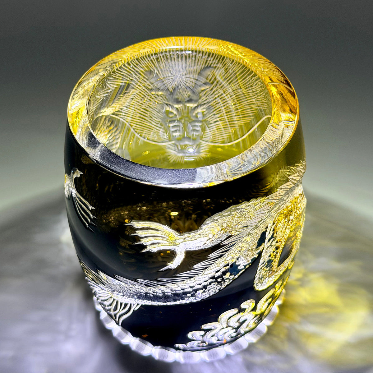 Edo Kiriko Handcrafted Dragon Whiskey Glass - Blue Crystal Tumbler