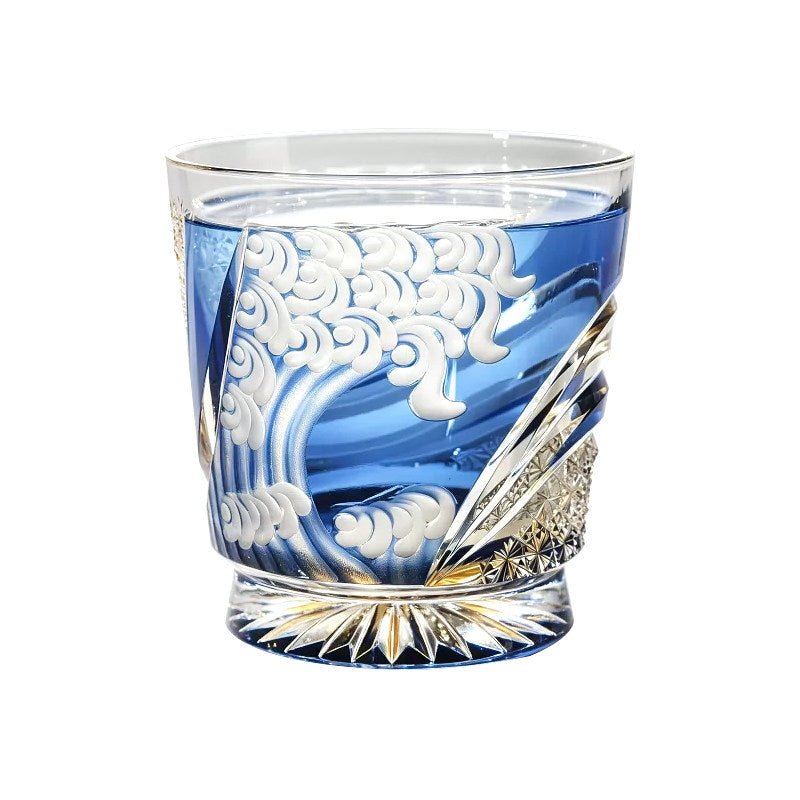 Edo Kiriko Blue Wave Whiskey Glass — Hand-Carved Kanagawa Motif Tumbler
