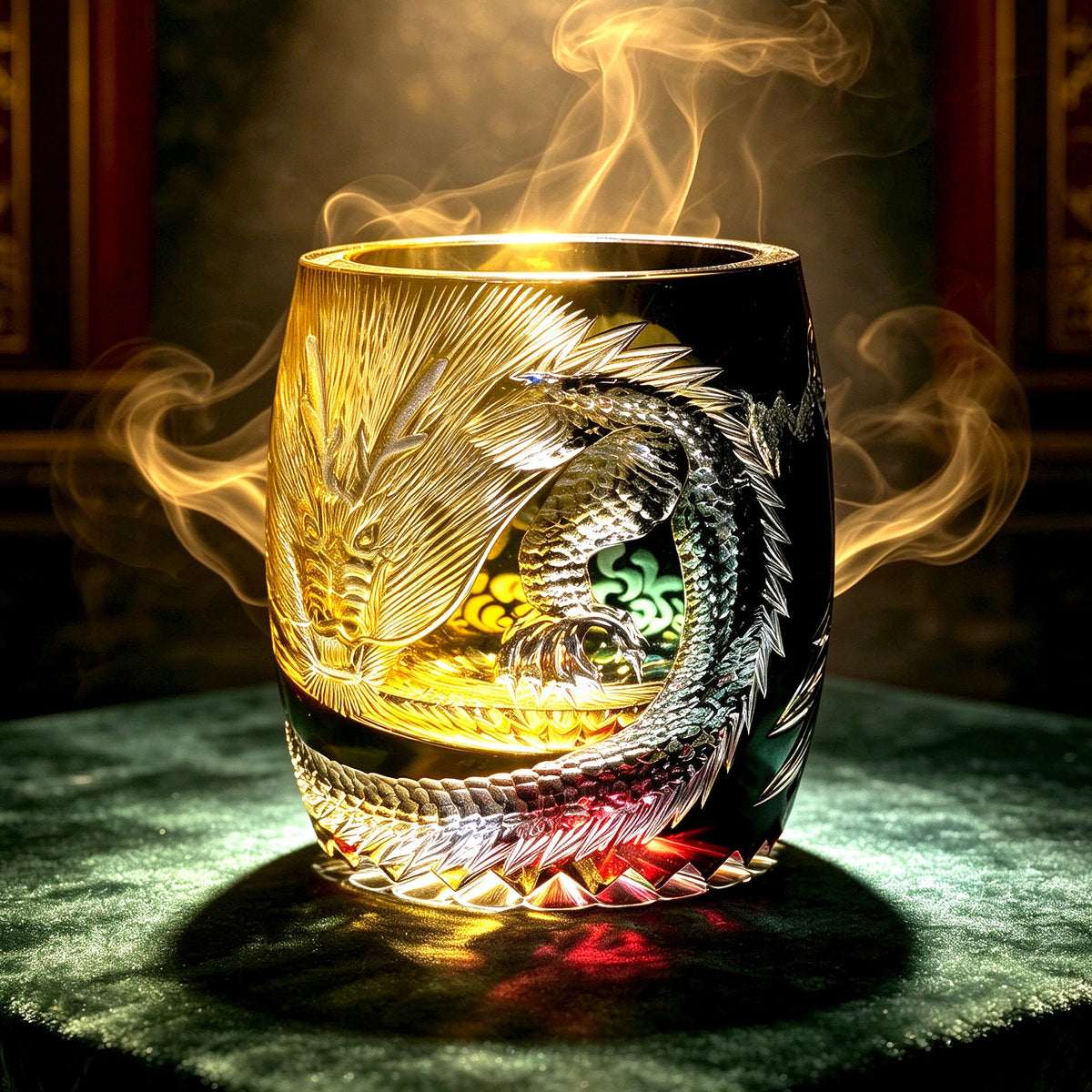 Edo Kiriko Handcrafted Dragon Whiskey Glass - Blue Crystal Tumbler