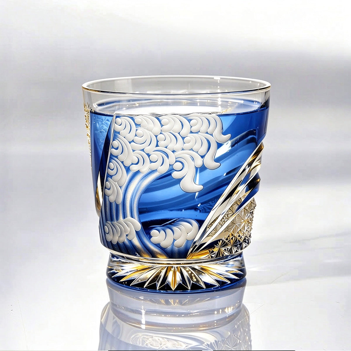 Edo Kiriko Blue Wave Whiskey Glass — Hand-Carved Kanagawa Motif Tumbler