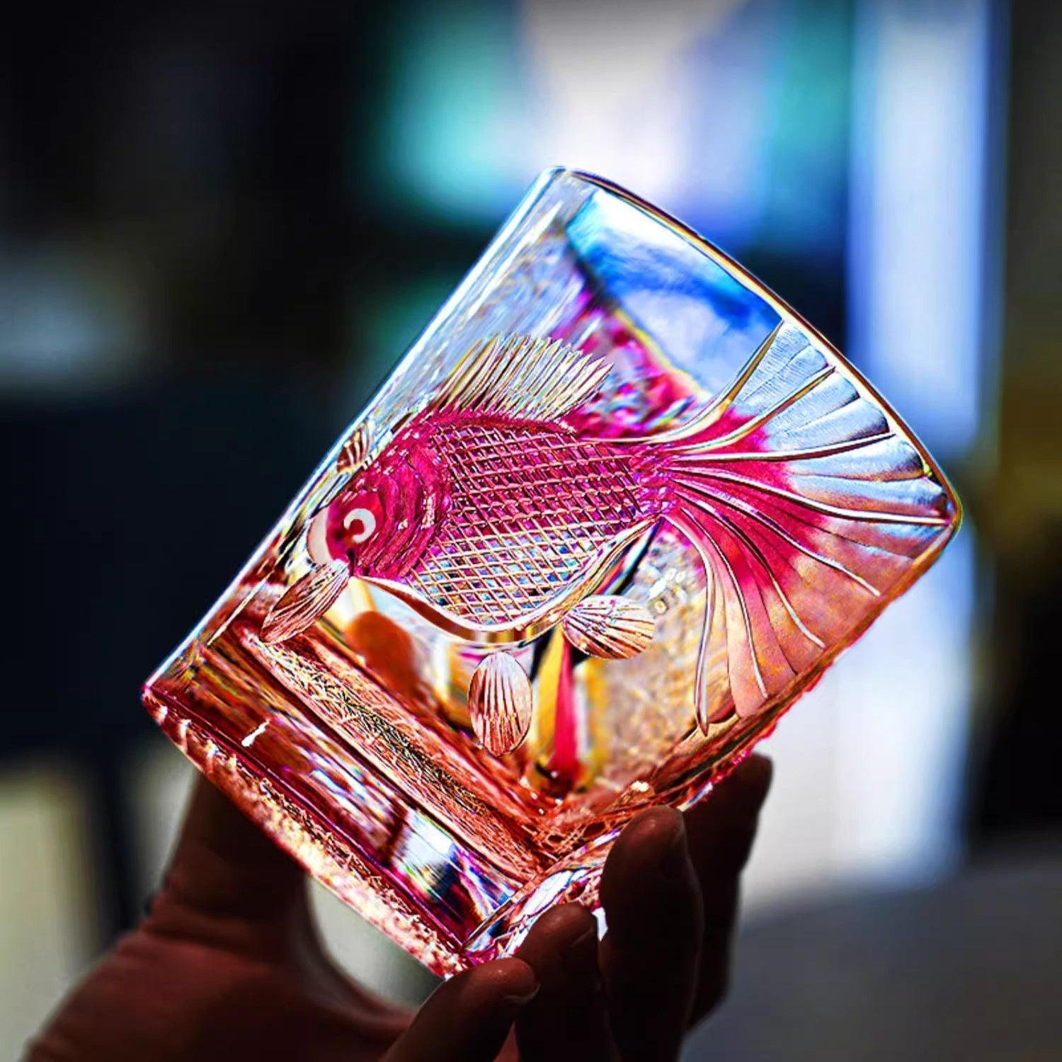 Hand-carved Red Goldfish Edo Kiriko Whiskey Glass