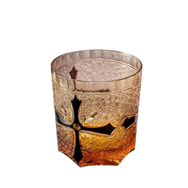 Edo Kiriko Handcrafted Amber Cross Heart Whiskey Glass - Japanese GoGlassCup
