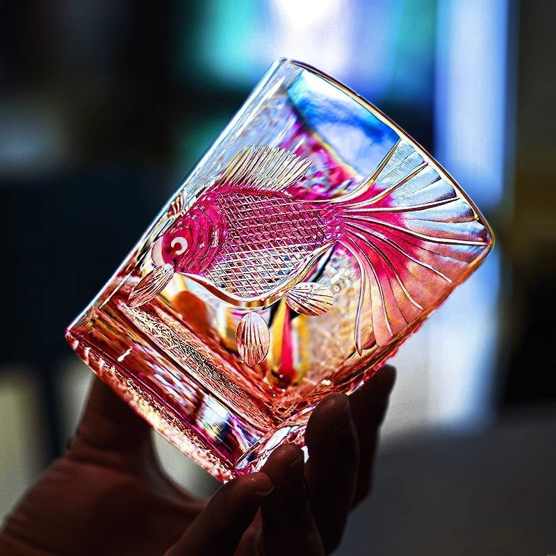 Hand-carved Red Goldfish Edo Kiriko Whiskey Glass