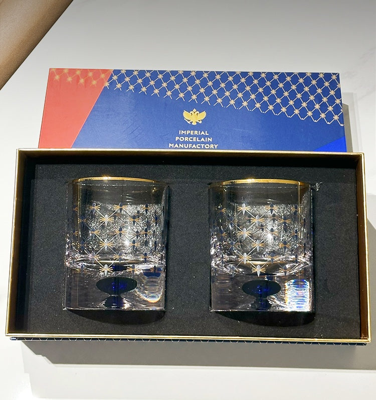 LOMONOSOV Cobalt Blue Checkered Crystal Whiskey Glass - Goglasscup