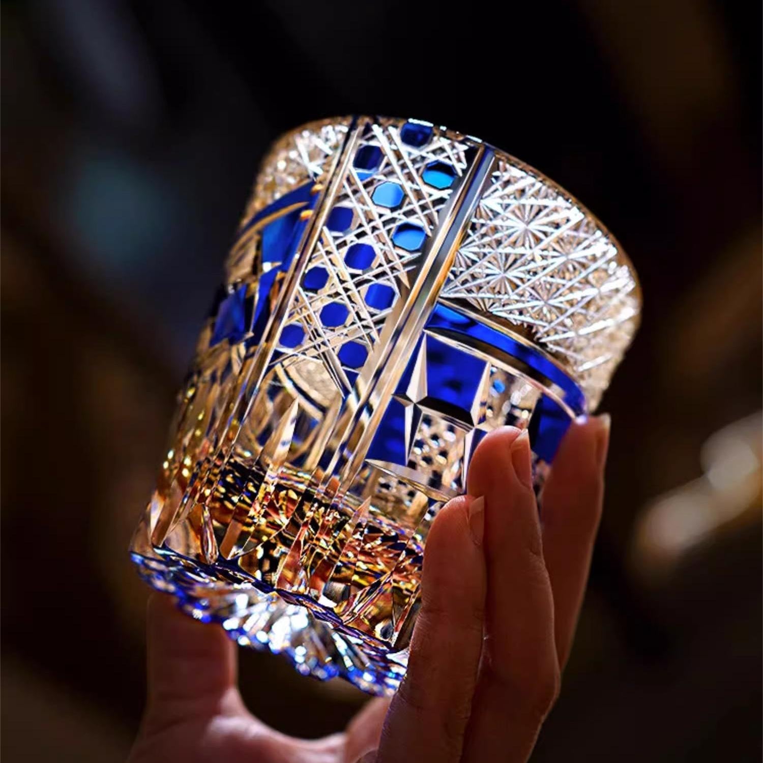 Edo Kiriko Hand-carved Sapphire Motif Whiskey Glass