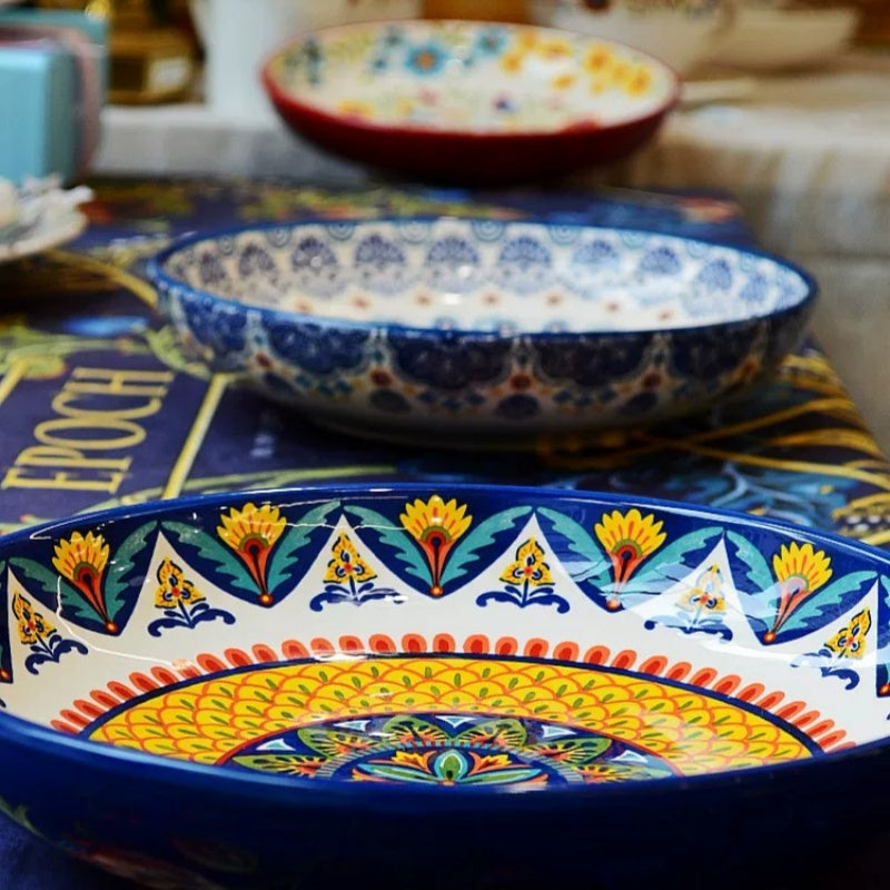 Bohemian Enamel Deep Plate - Underglaze Ceramic Salad & Dinner Plate