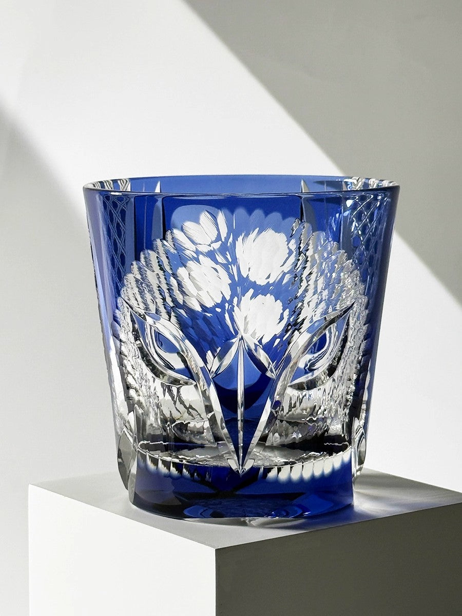 Japanese Handmade Edo Kiriko Whiskey Glass-Blue Owl