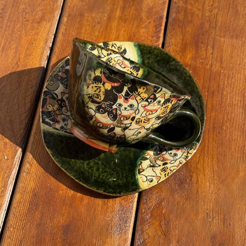 Hatsuichi Mino Ware Handcrafted Cartoon Cat Ceramic Coffee Cup/Saucer Set