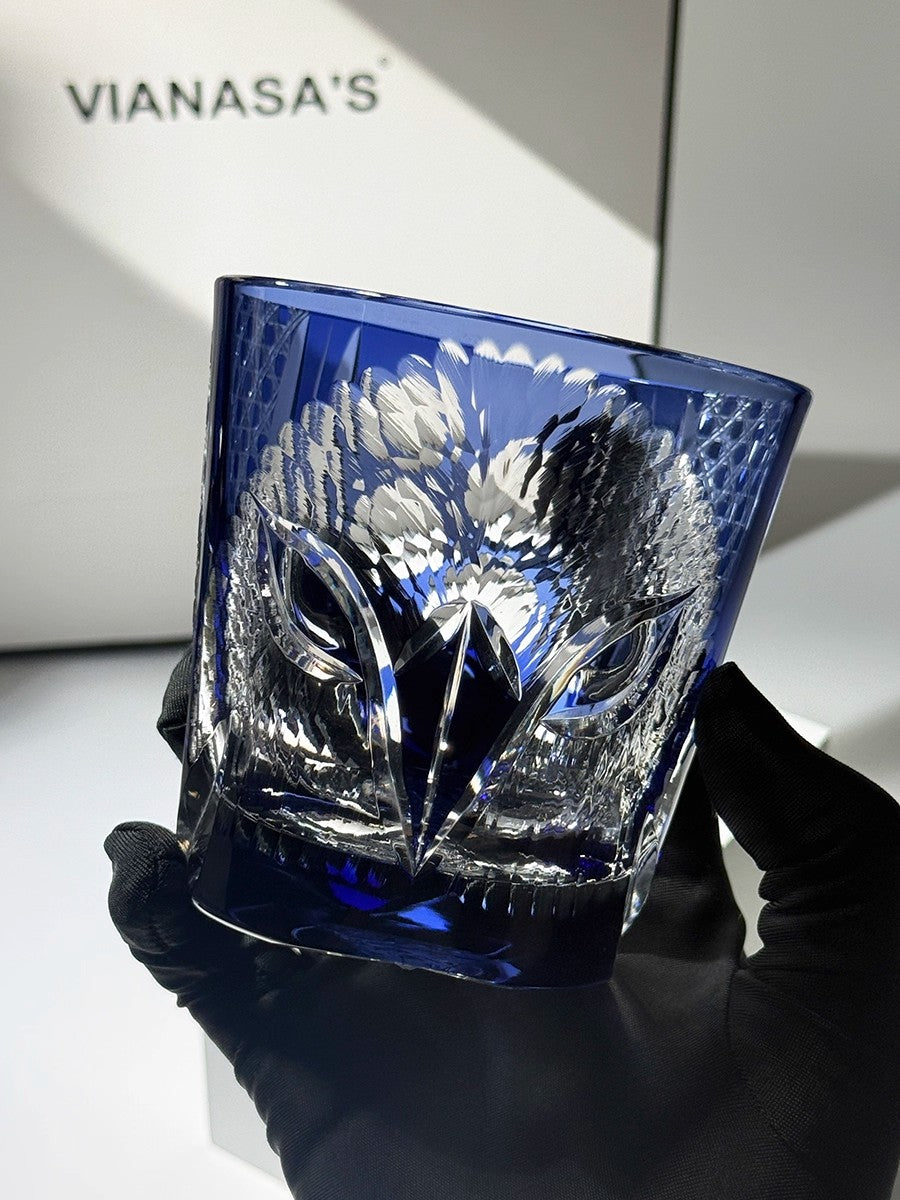 Japanese Handmade Edo Kiriko Whiskey Glass-Blue Owl