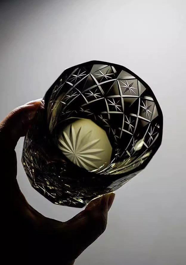 GoGlassCup Ink Black Star Lead-Free Crystal Edo Kiriko Whiskey Glass Goglasscup
