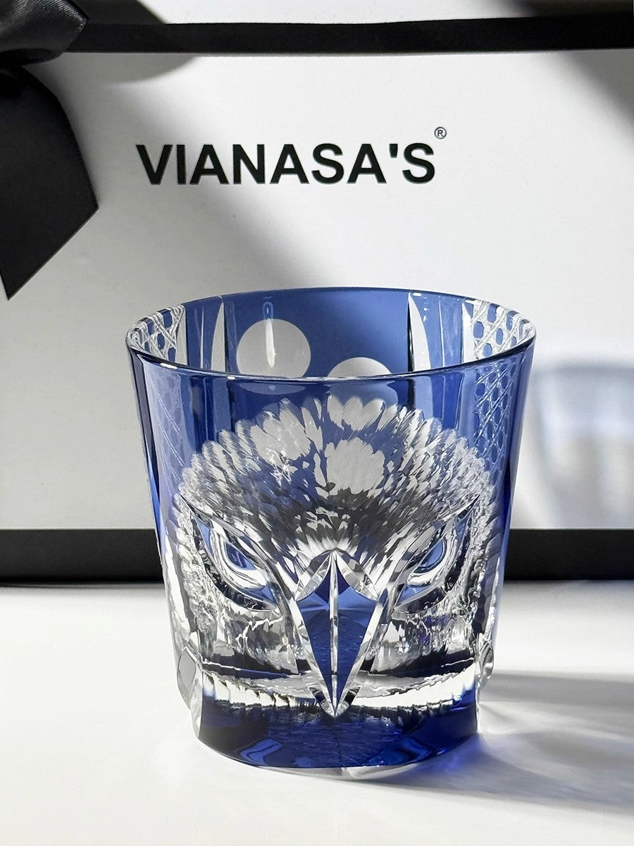 Japanese Handmade Edo Kiriko Whiskey Glass-Blue Owl