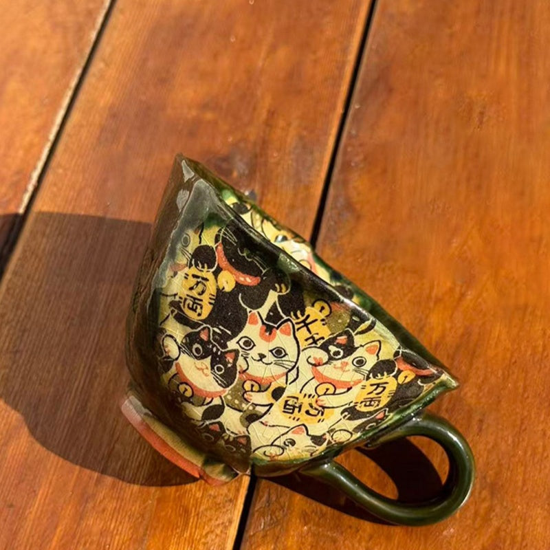 Hatsuichi Mino Ware Handcrafted Cartoon Cat Ceramic Coffee Cup/Saucer Set