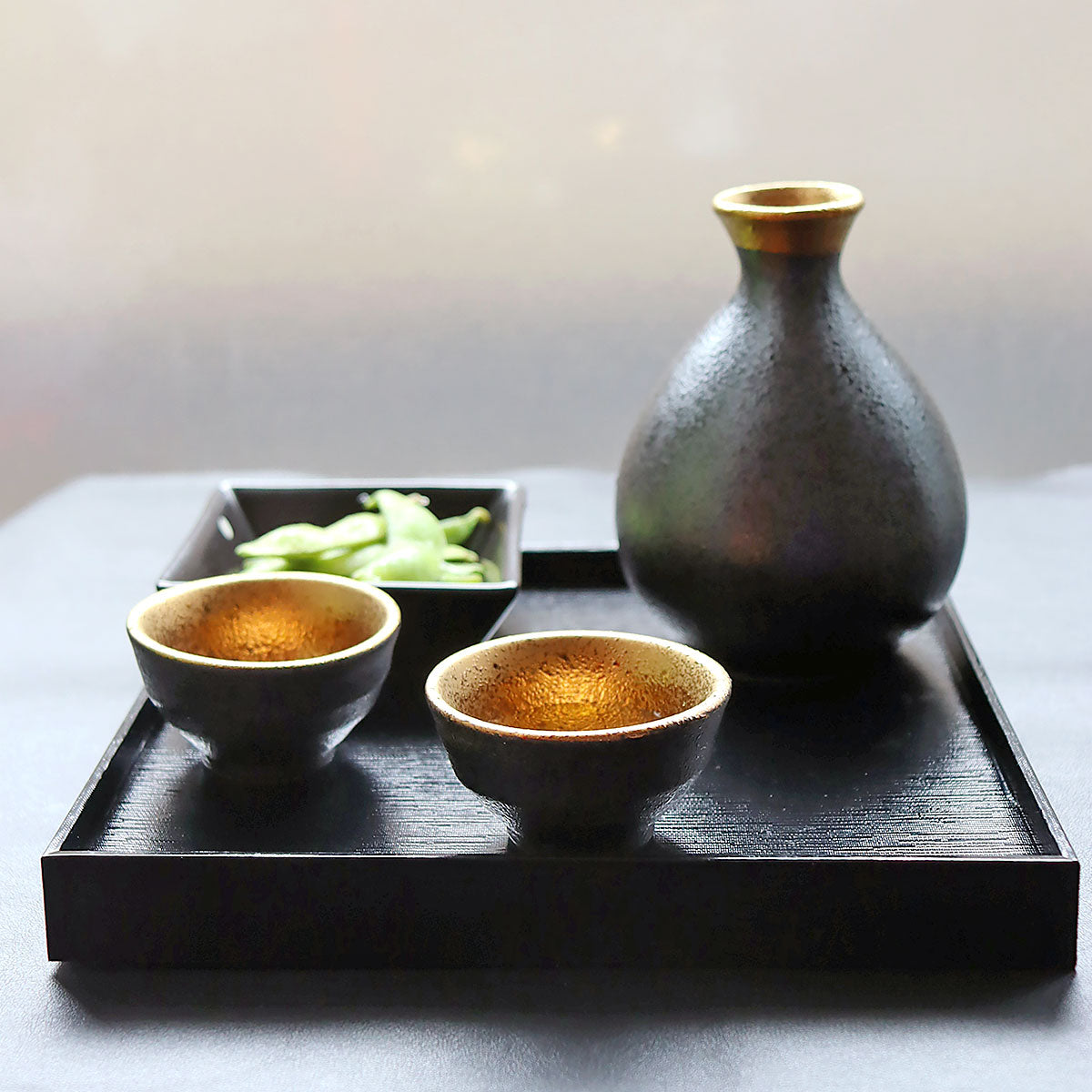 Jinpo Handcrafted Kinsai Gold Ochoko Sake Set with Wooden Box