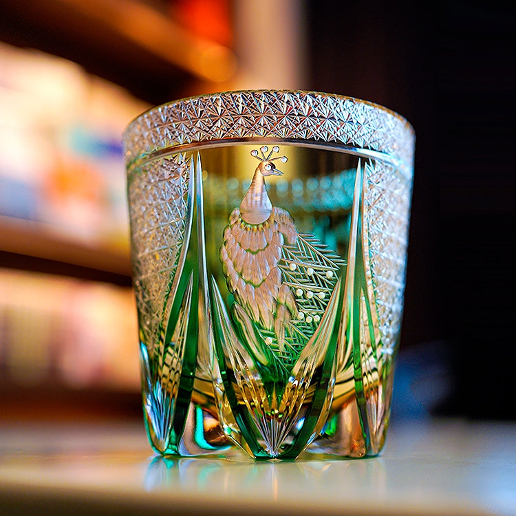 Edo Kiriko Handcrafted Emerald Peacock Whiskey Glass Goglasscup