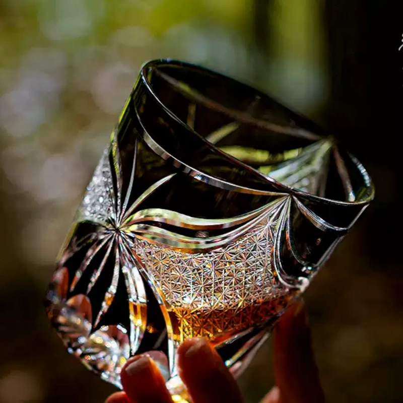 Edo Kiriko Whiskey Glass Lepidoptera with Wooden Box