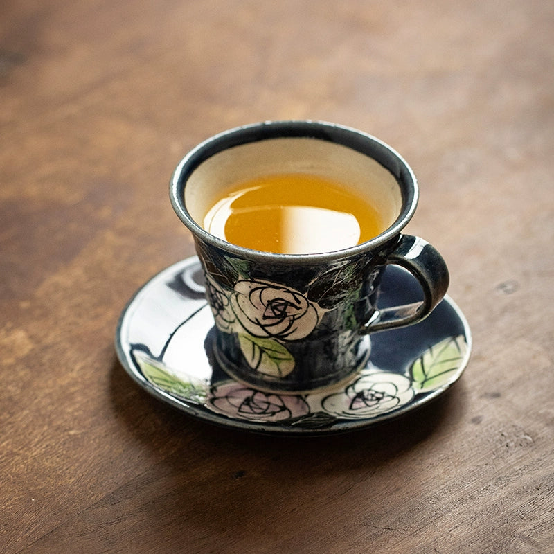 Hatsuichi Mino Ware Handcrafted Oribe Camellia Ceramic Coffee Cup/Saucer Set