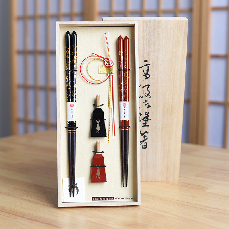 Japanese Handcrafted Golden Sakura Wooden Chopsticks Wedding Gift Set