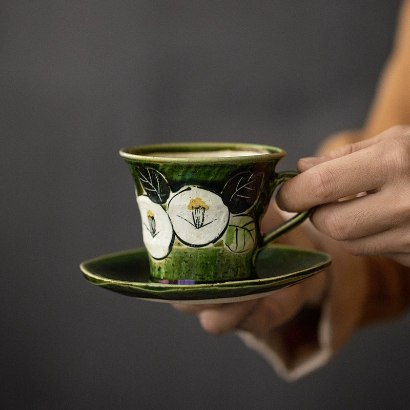 Hatsuichi Mino Ware Handcrafted Oribe Camellia Ceramic Coffee Cup/Saucer Set