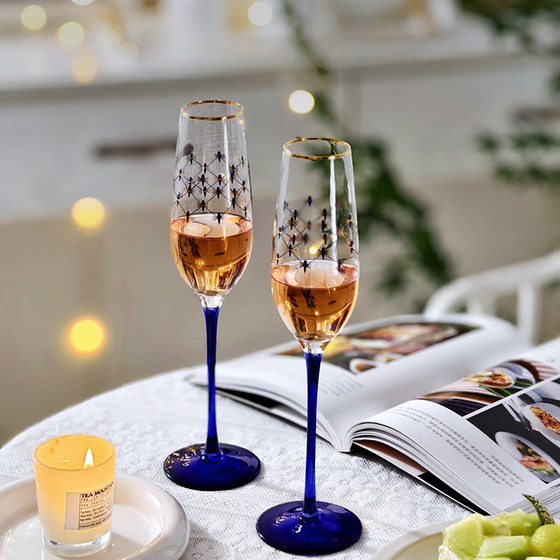 LOMONOSOV Cobalt Blue Checkered Crystal Champagne Flutes
