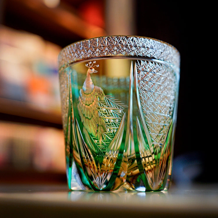 Edo Kiriko Handcrafted Emerald Peacock Whiskey Glass Goglasscup