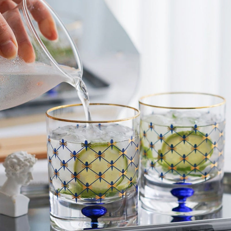 LOMONOSOV Cobalt Blue Checkered Crystal Whiskey Glasses